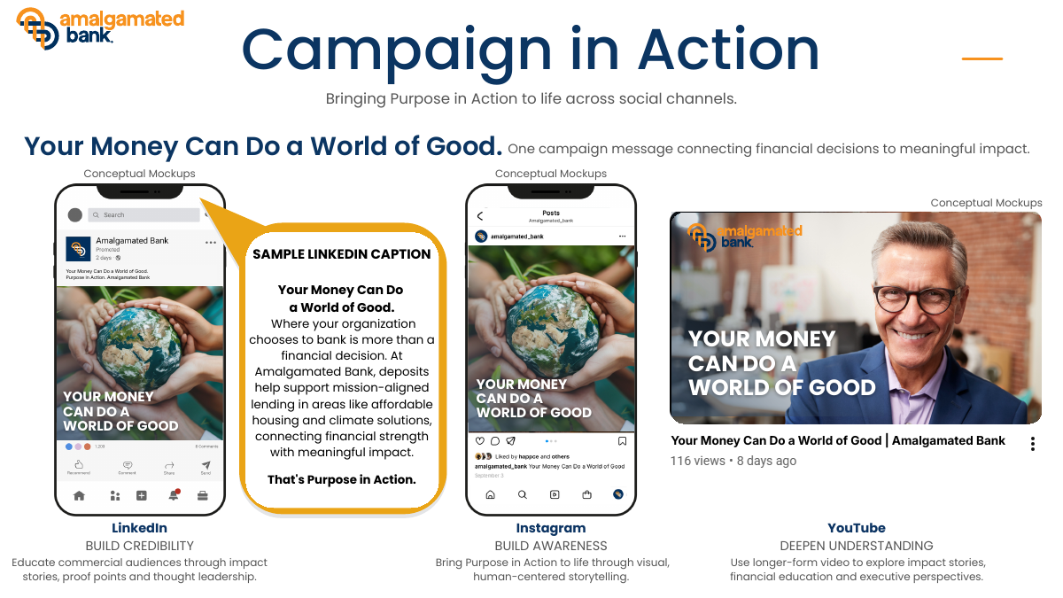 Conceptual LinkedIn, Instagram and YouTube mockups for Purpose in Action