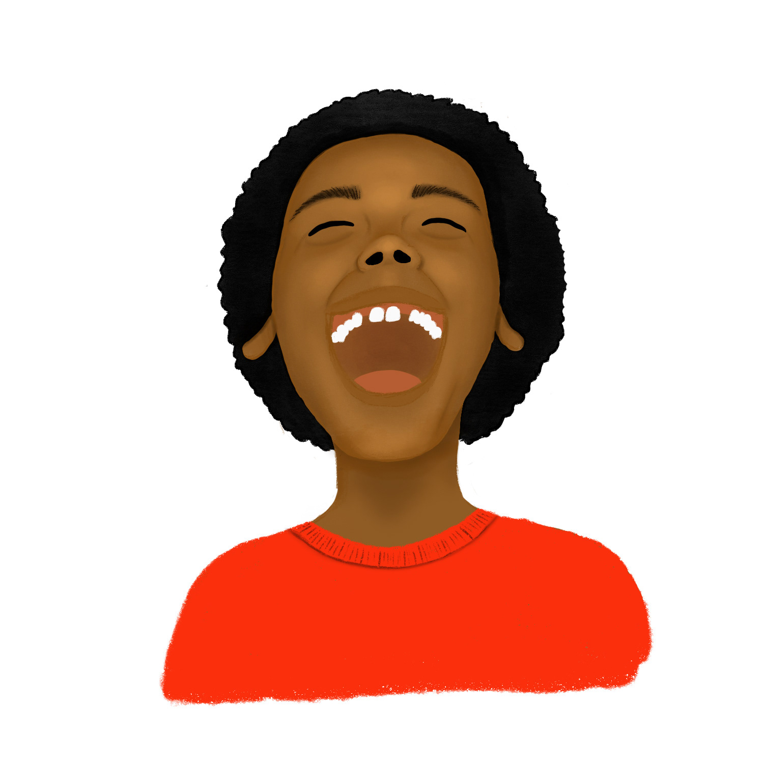 Joyful portrait of a laughing young Black boy in a bright orange shirt