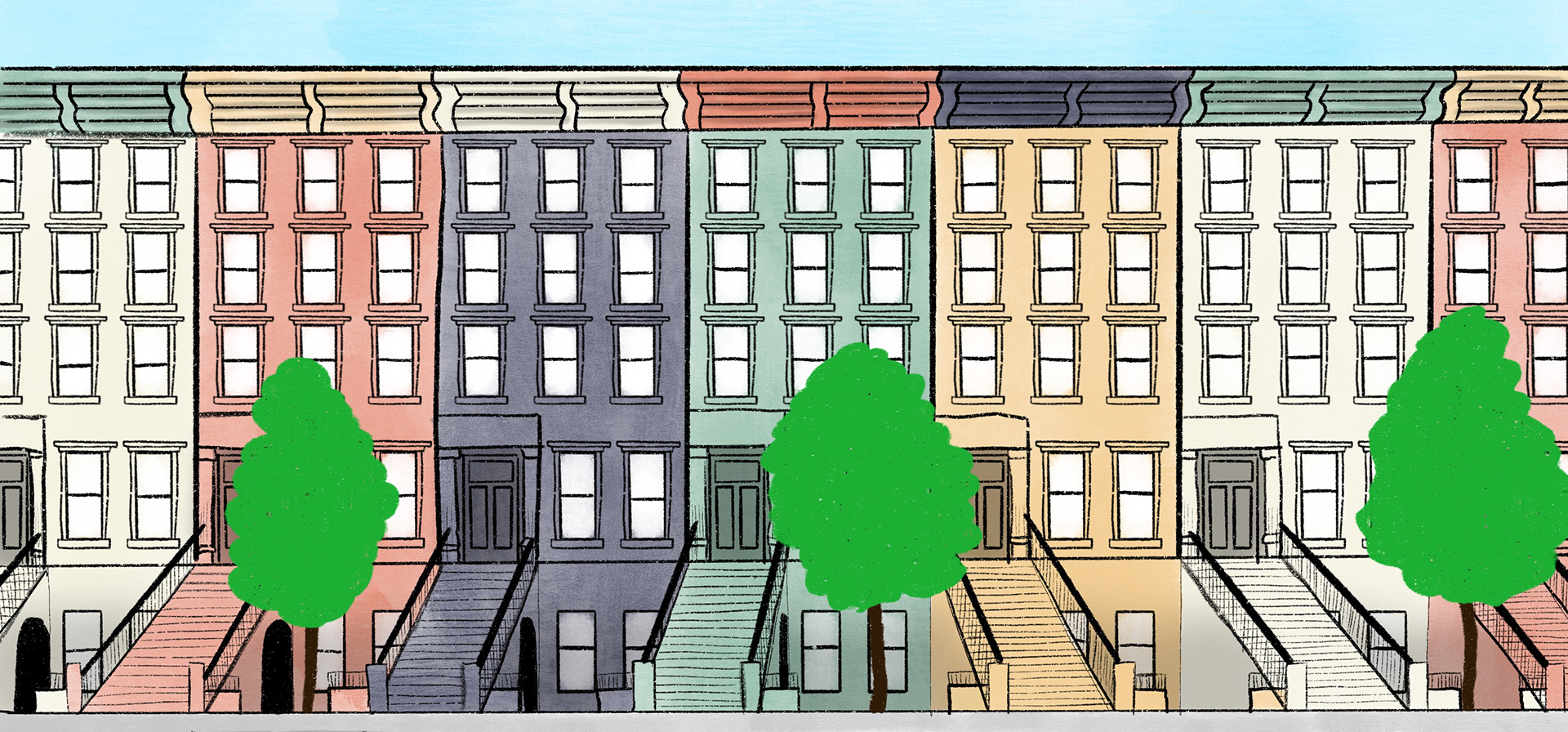 Colorful Brooklyn brownstones illustration by Kevena Hammond