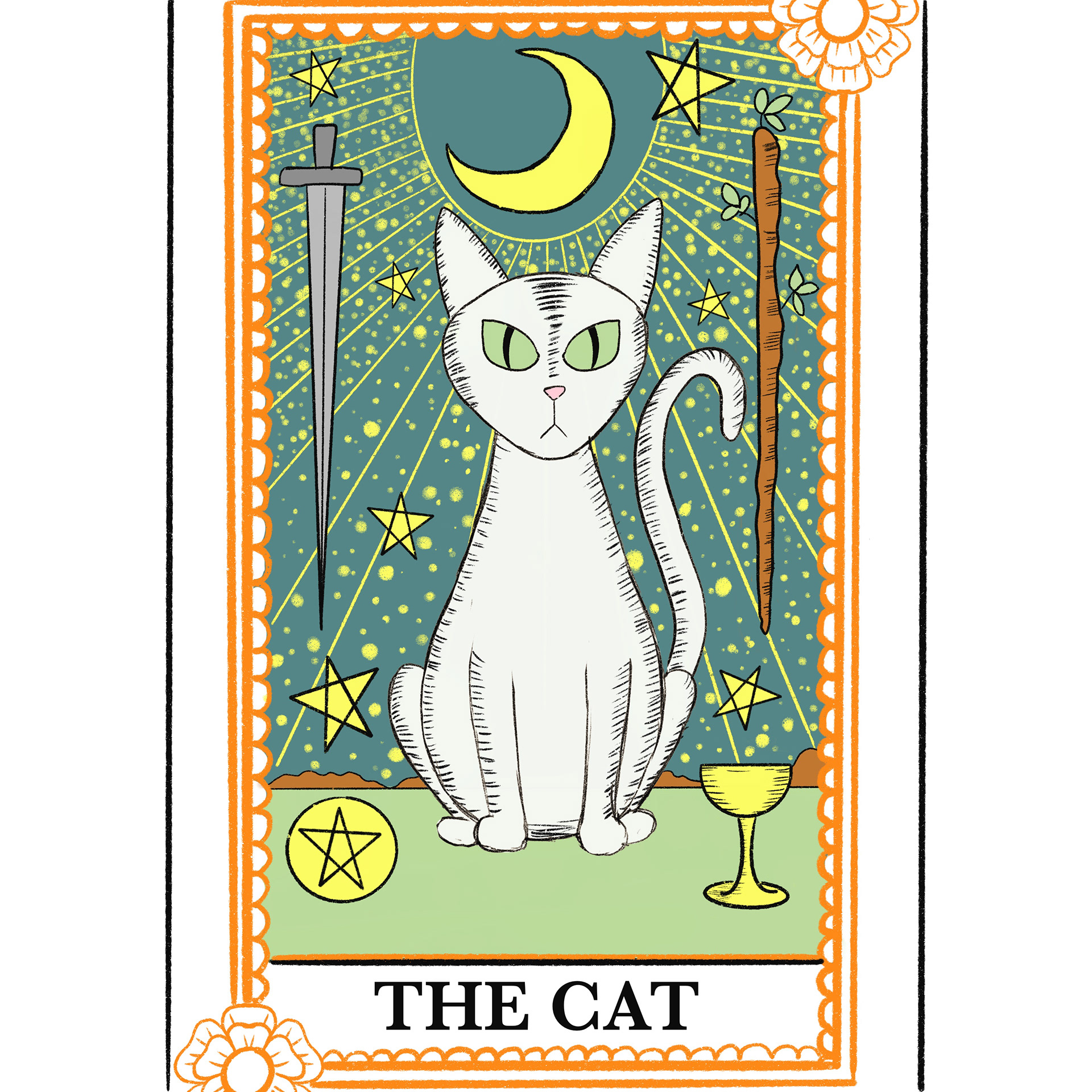 Illustrated tarot card featuring a white cat against a starry teal background