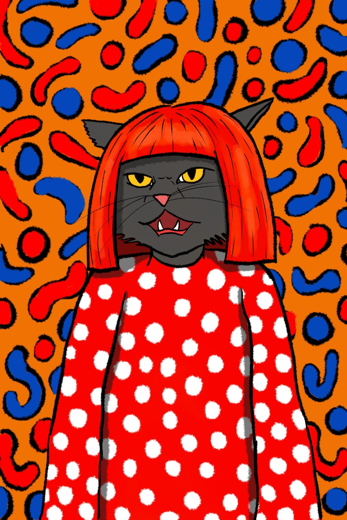 Cat with red hair and polka-dot clothing against a colorful leopard-print background