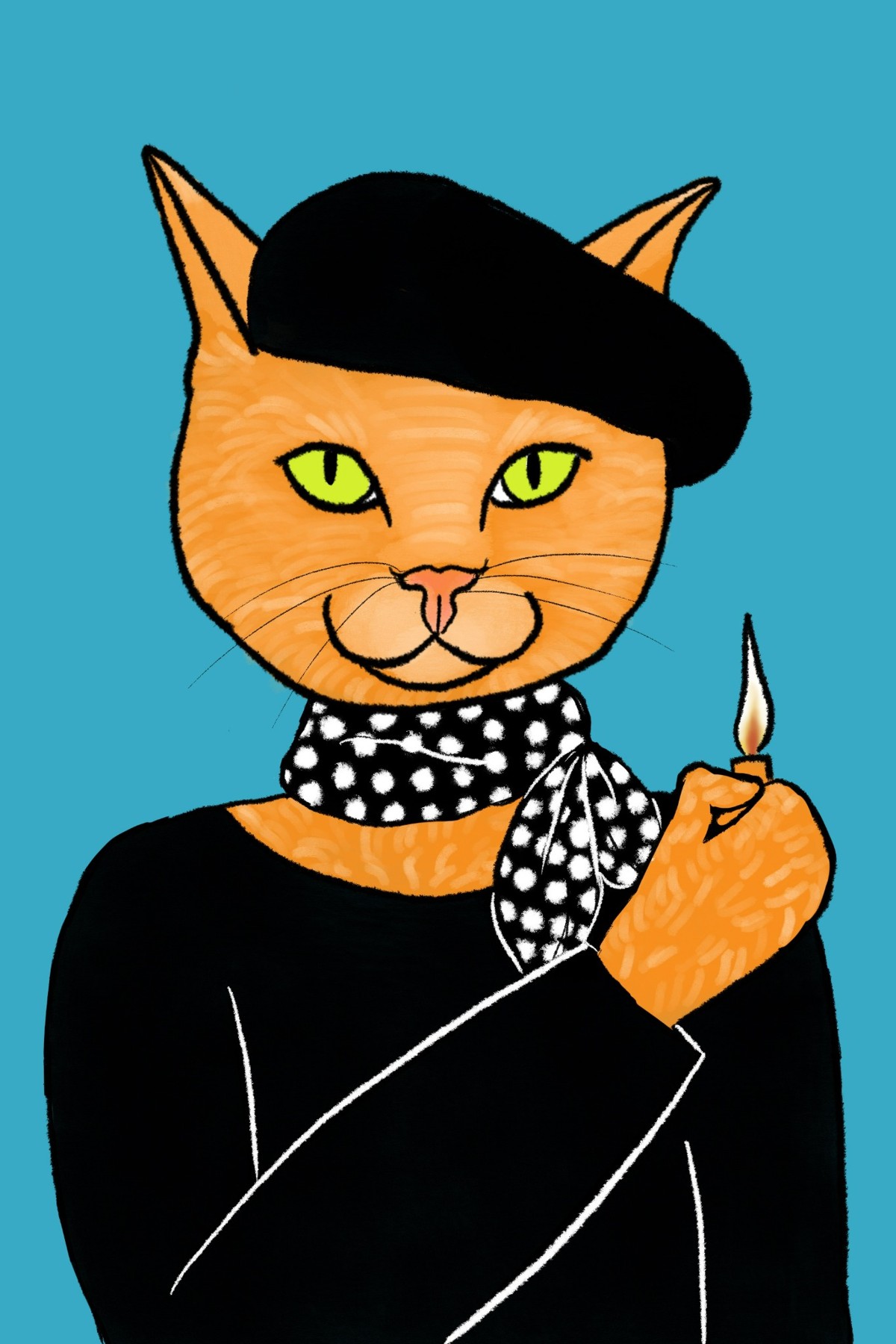 Orange cat in a black beret and patterned scarf