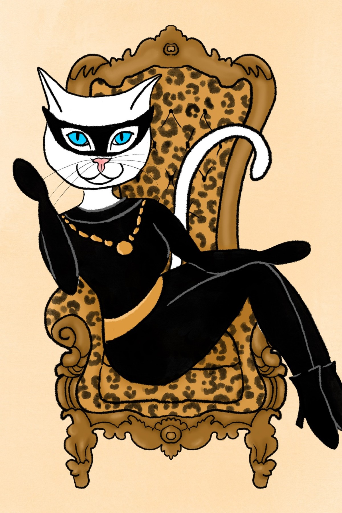 White cat in a black outfit reclining on an ornate chair