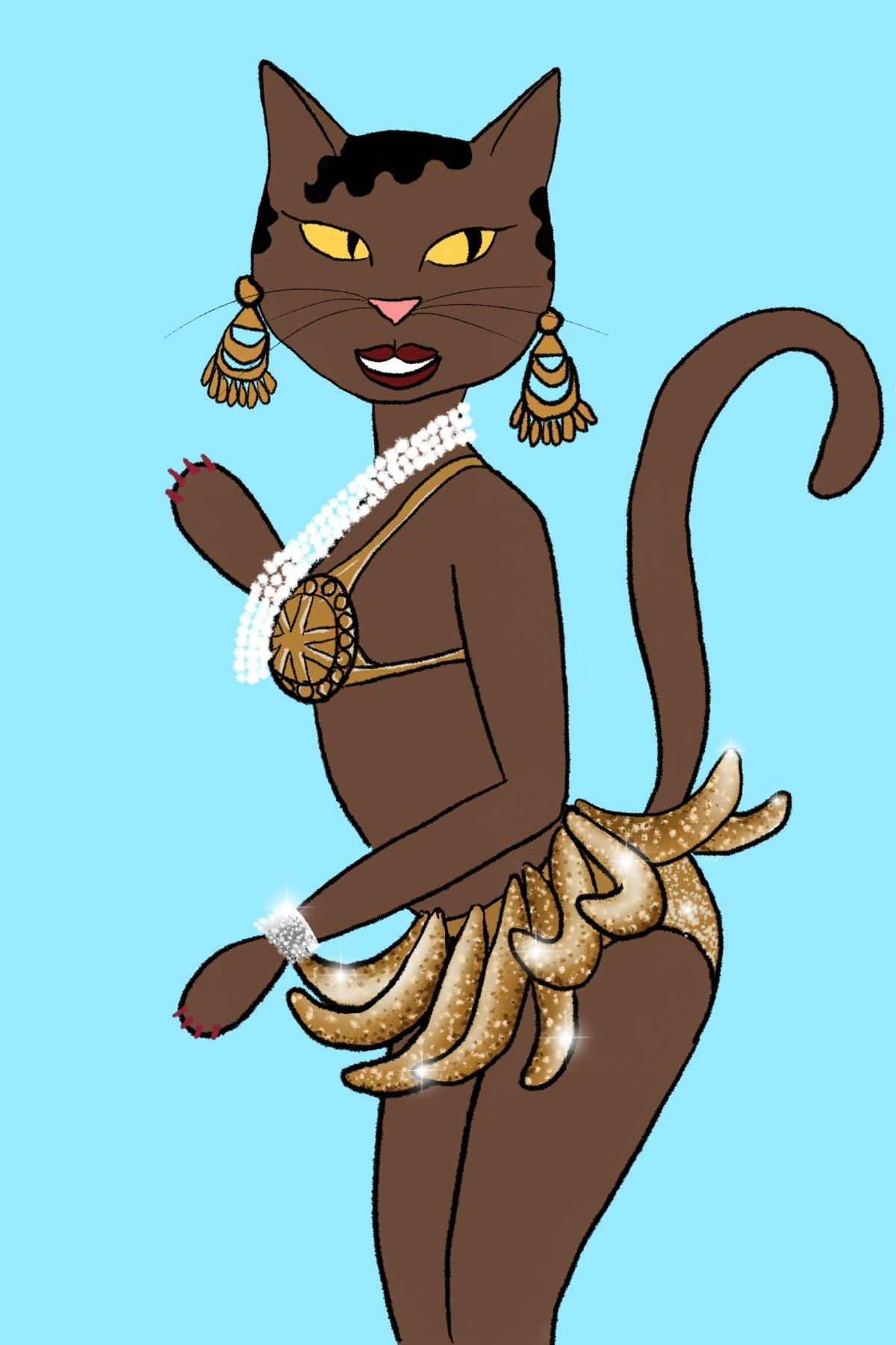 Cat wearing gold jewelry and a banana skirt