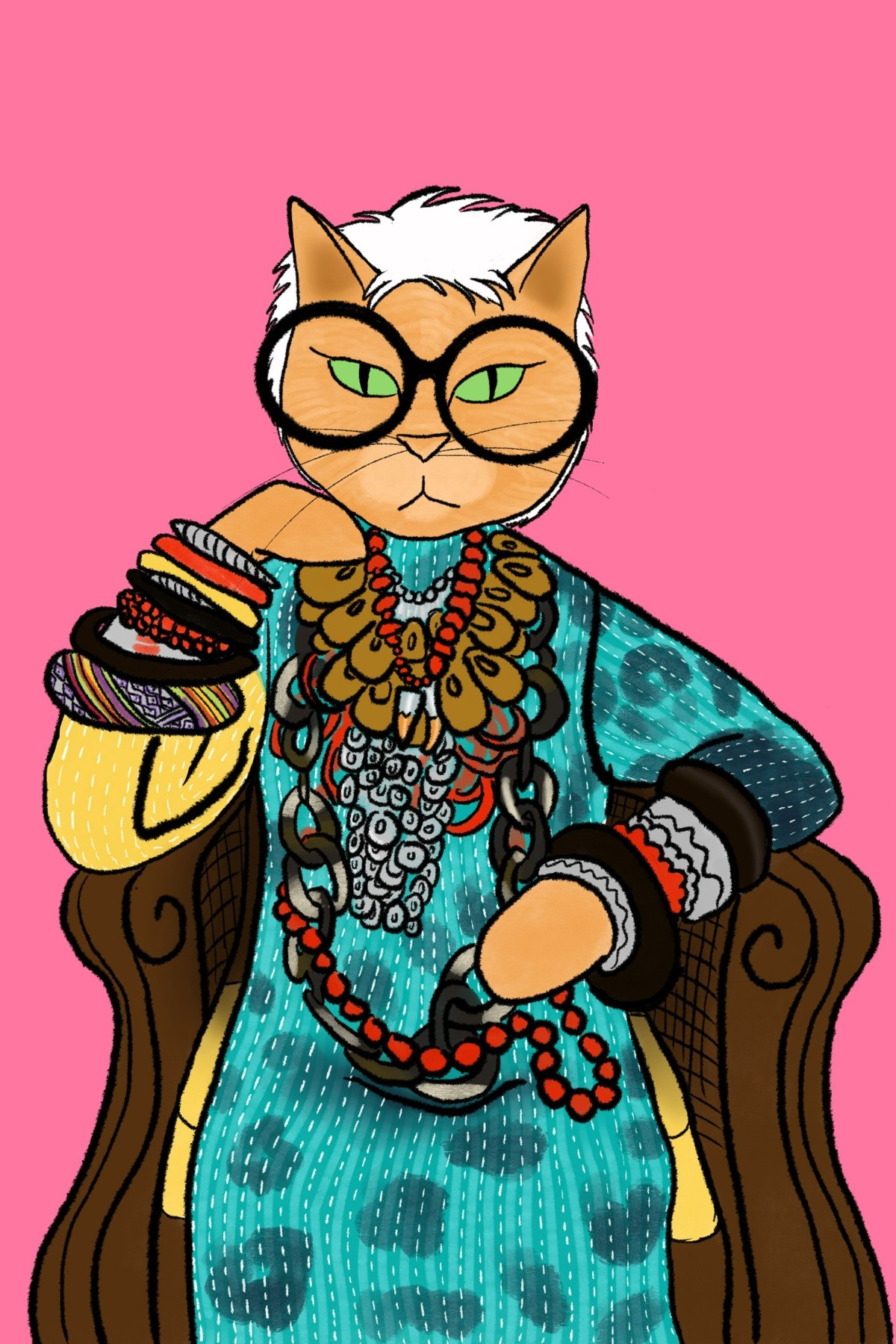 Cat wearing glasses and colorful jewelry seated in a chair