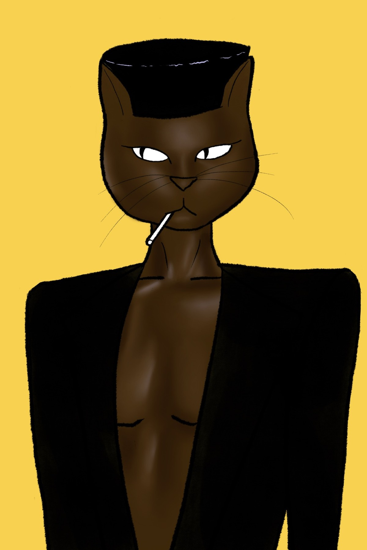 Black cat in a dramatic black outfit against a yellow background