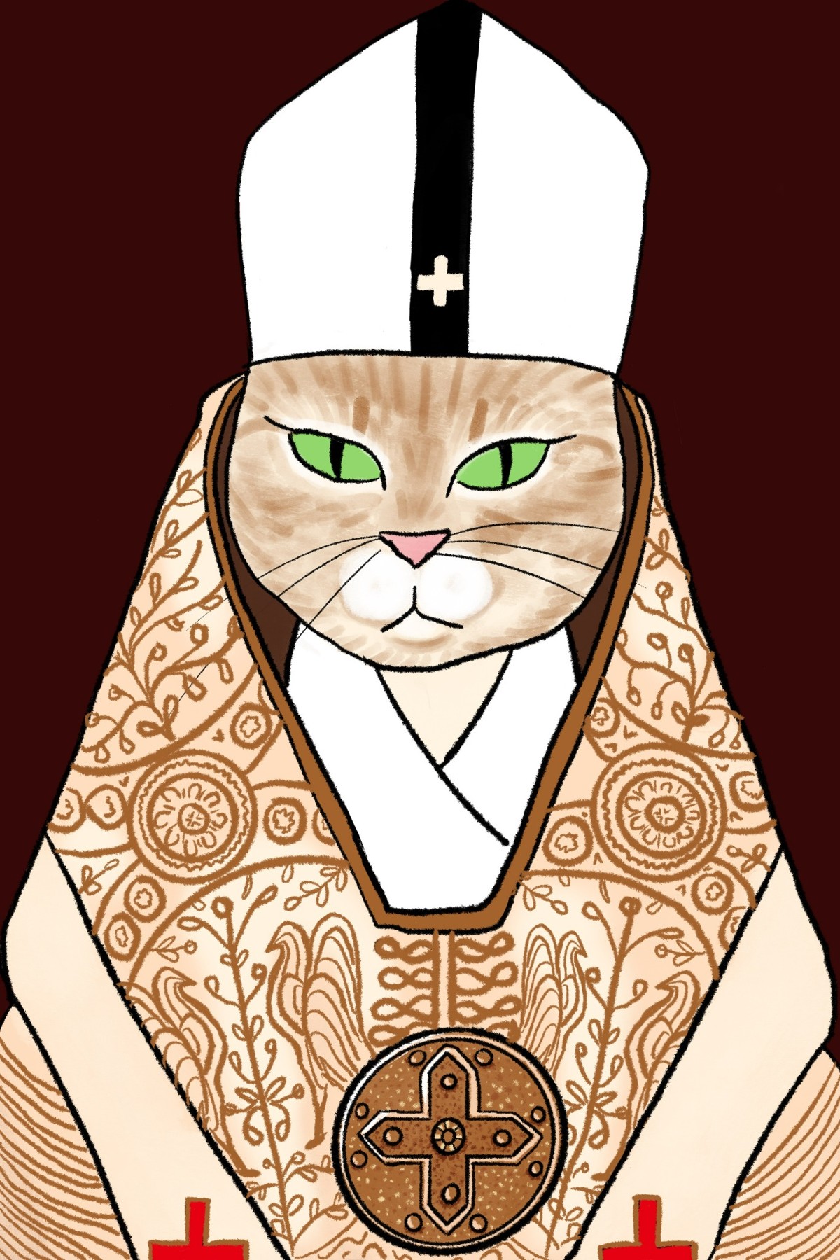 Cat wearing ceremonial robes and a tall white hat