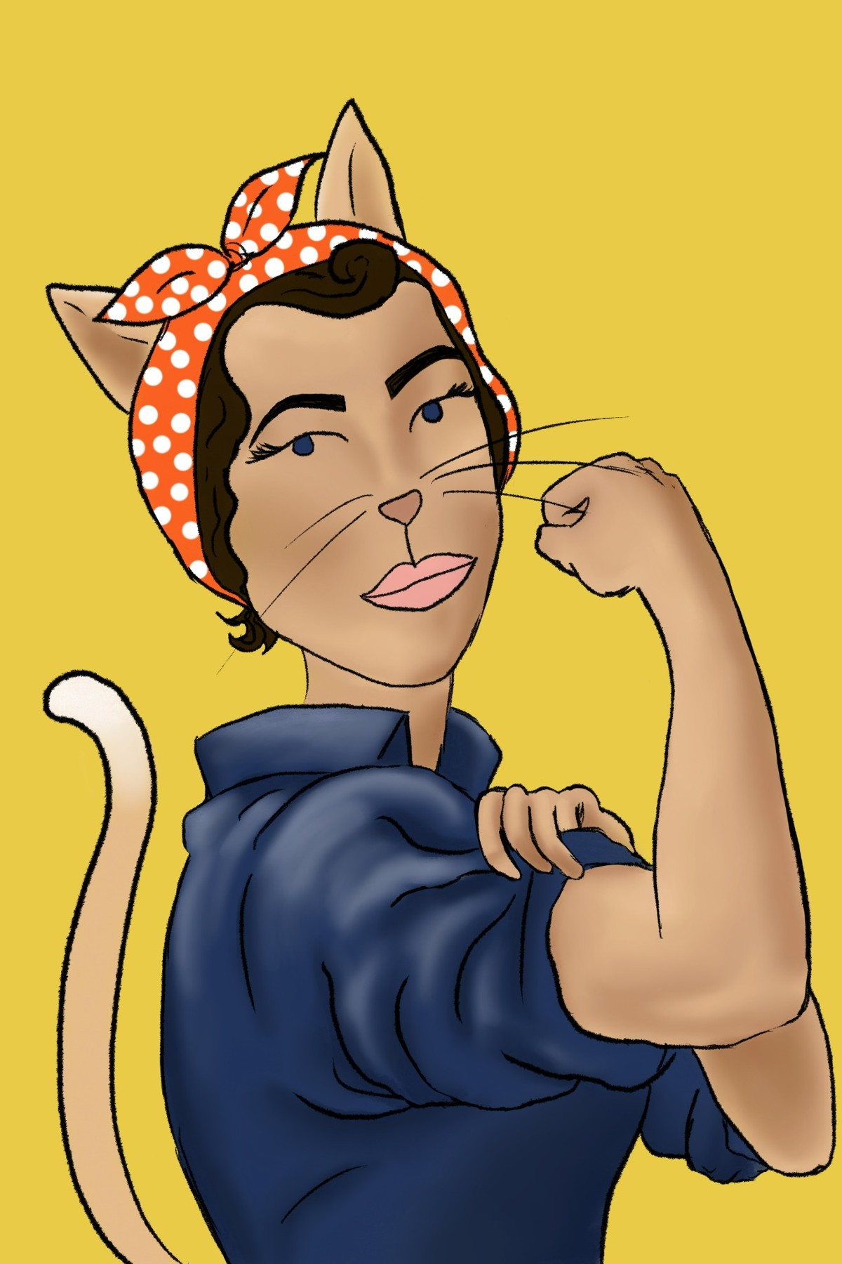 Cat flexing an arm while wearing a red polka-dot headscarf