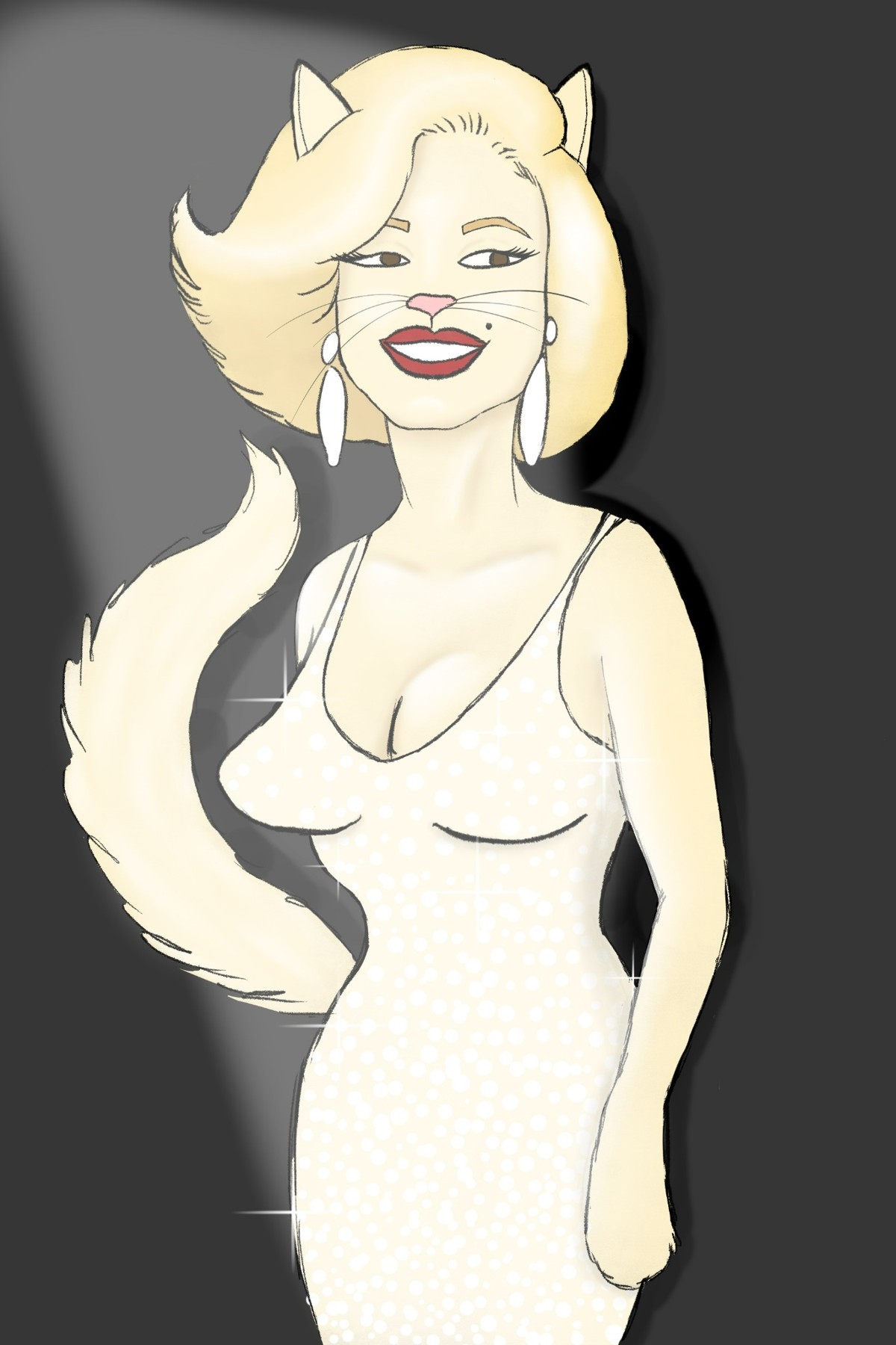 White cat in a sparkling dress against a gray background
