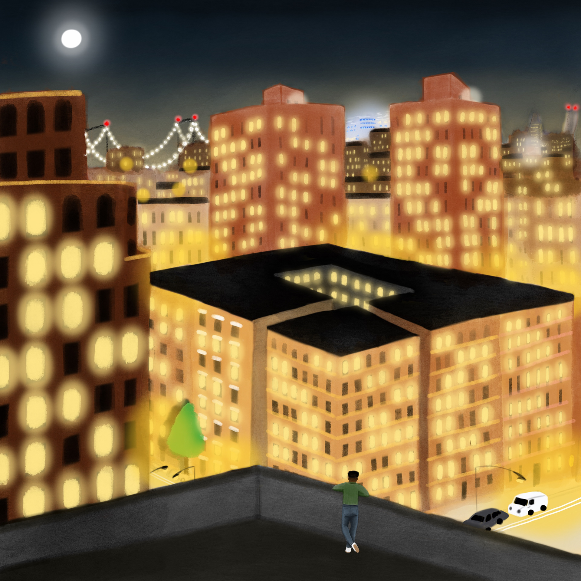 Illustrated city lights scene