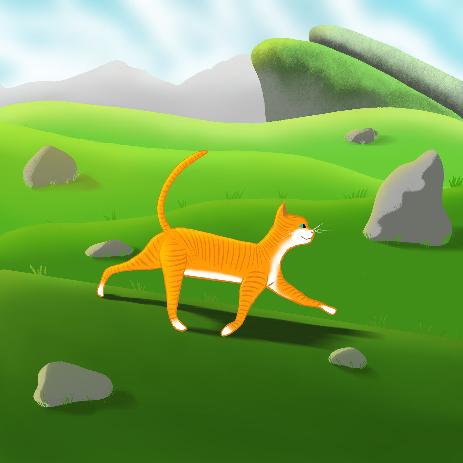 Playful illustration of a frolicking cat
