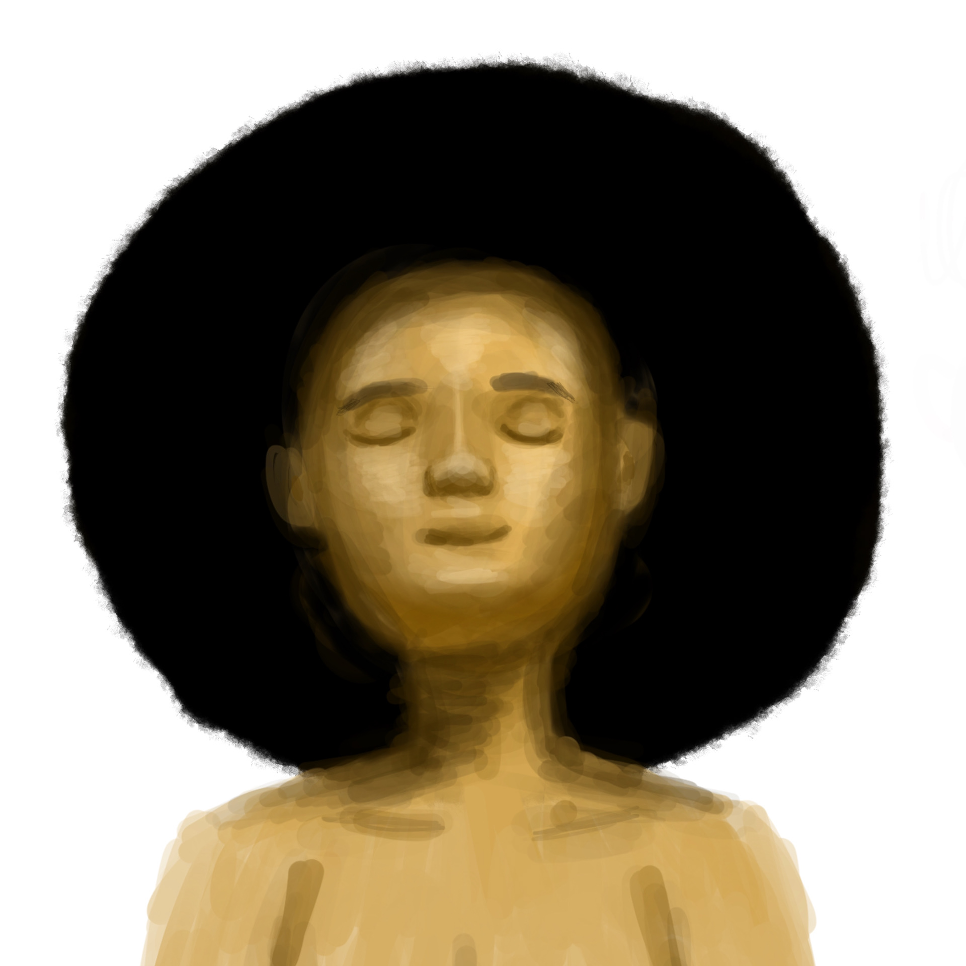 Illustrated portrait with an expansive black afro and a softly painted golden face