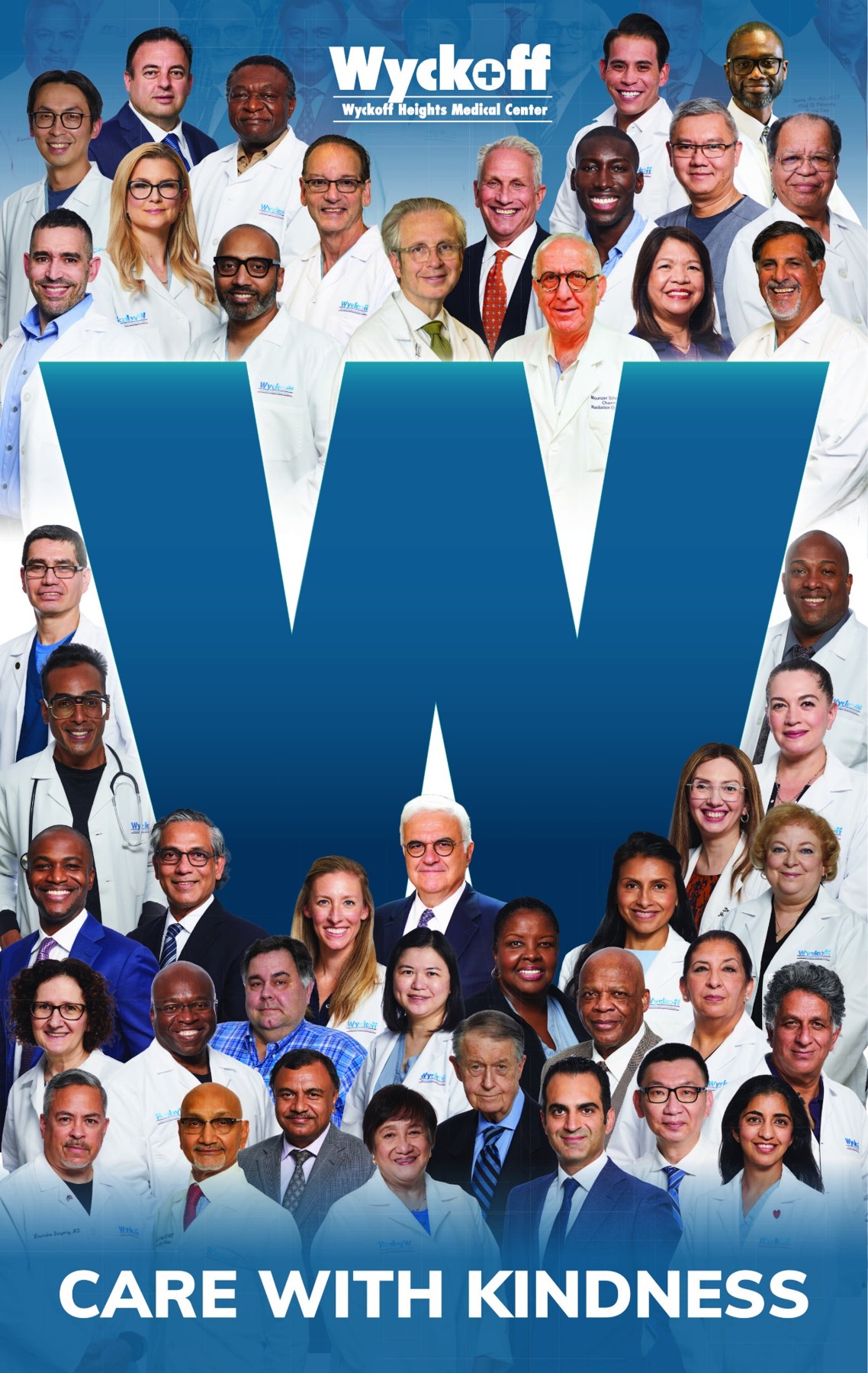 Care with Kindness hospital entrance banner featuring Wyckoff physicians