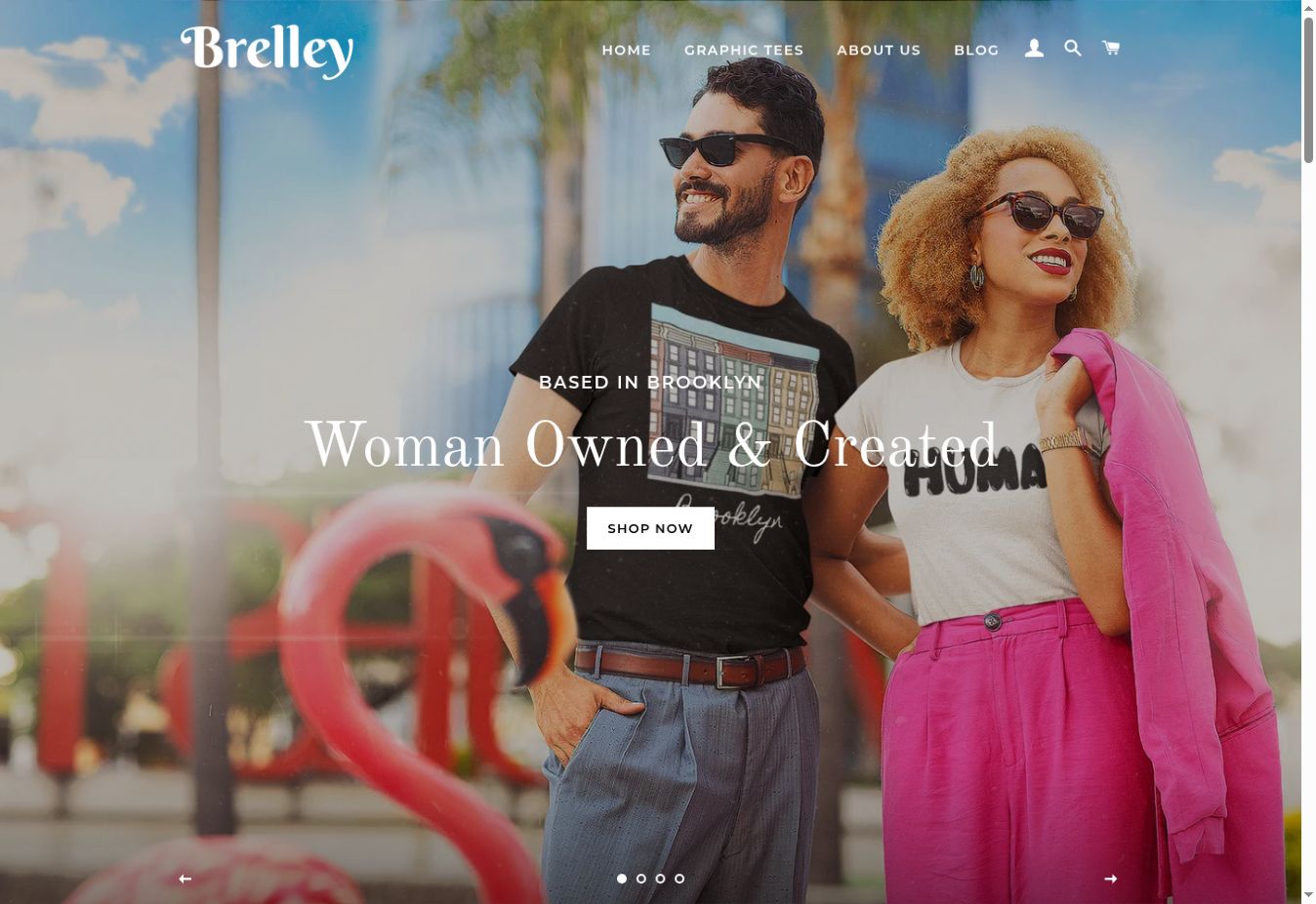 Screenshot of the Brelley Shopify homepage featuring the Brelley logo and Woman Owned & Created storefront banner