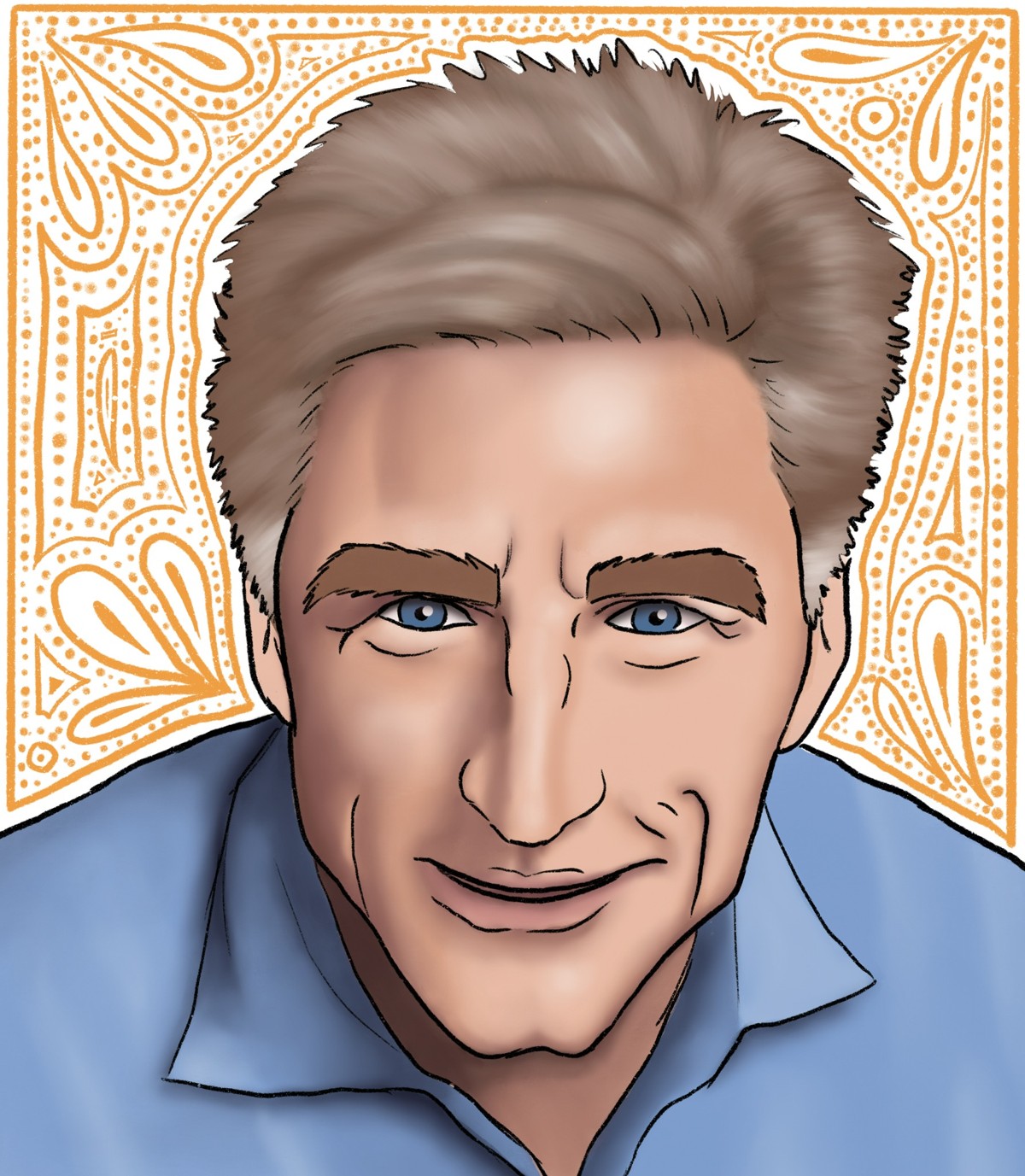 Illustrated portrait of Bracken with a colorful patterned background