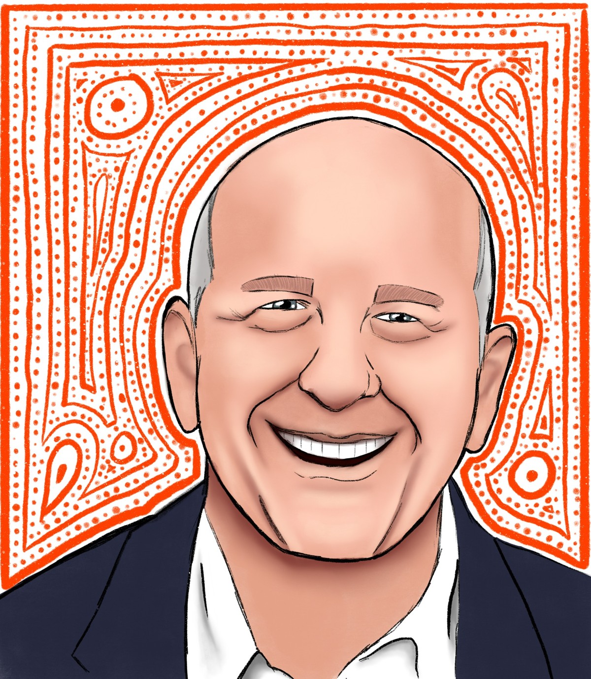 Illustrated portrait of David with a colorful patterned background
