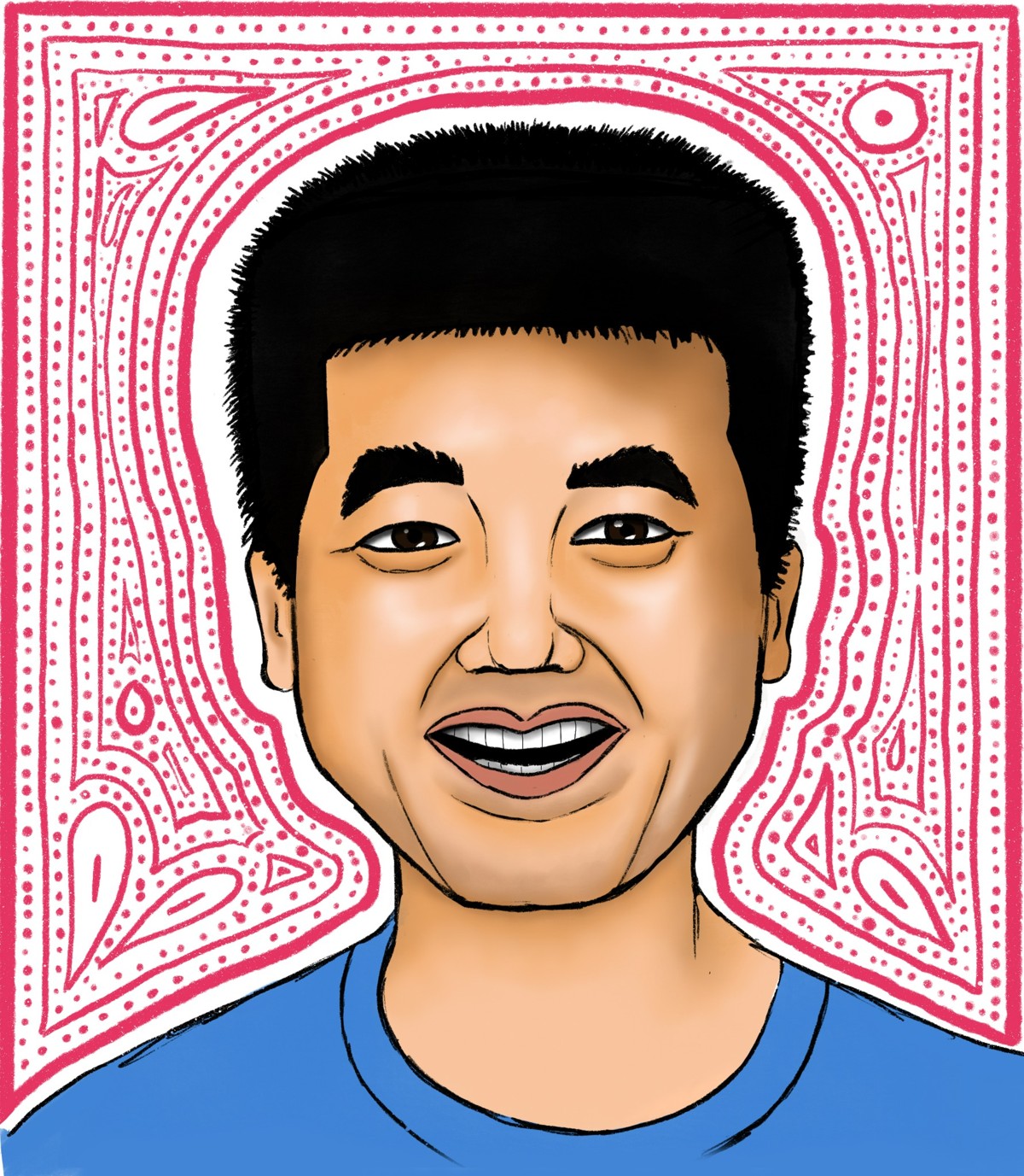 Illustrated portrait of Eric with a colorful patterned background