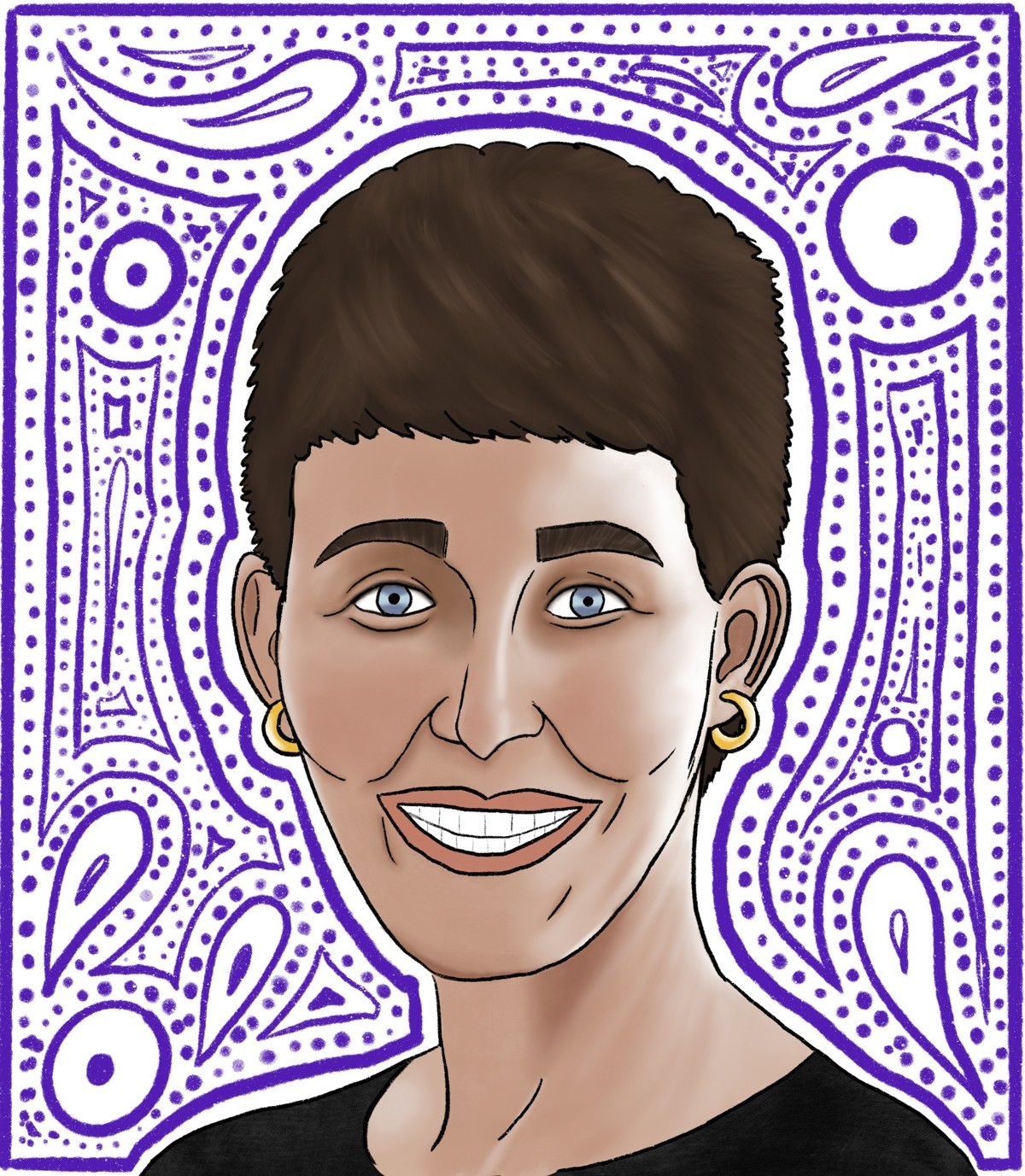 Illustrated portrait of Fern with a colorful patterned background