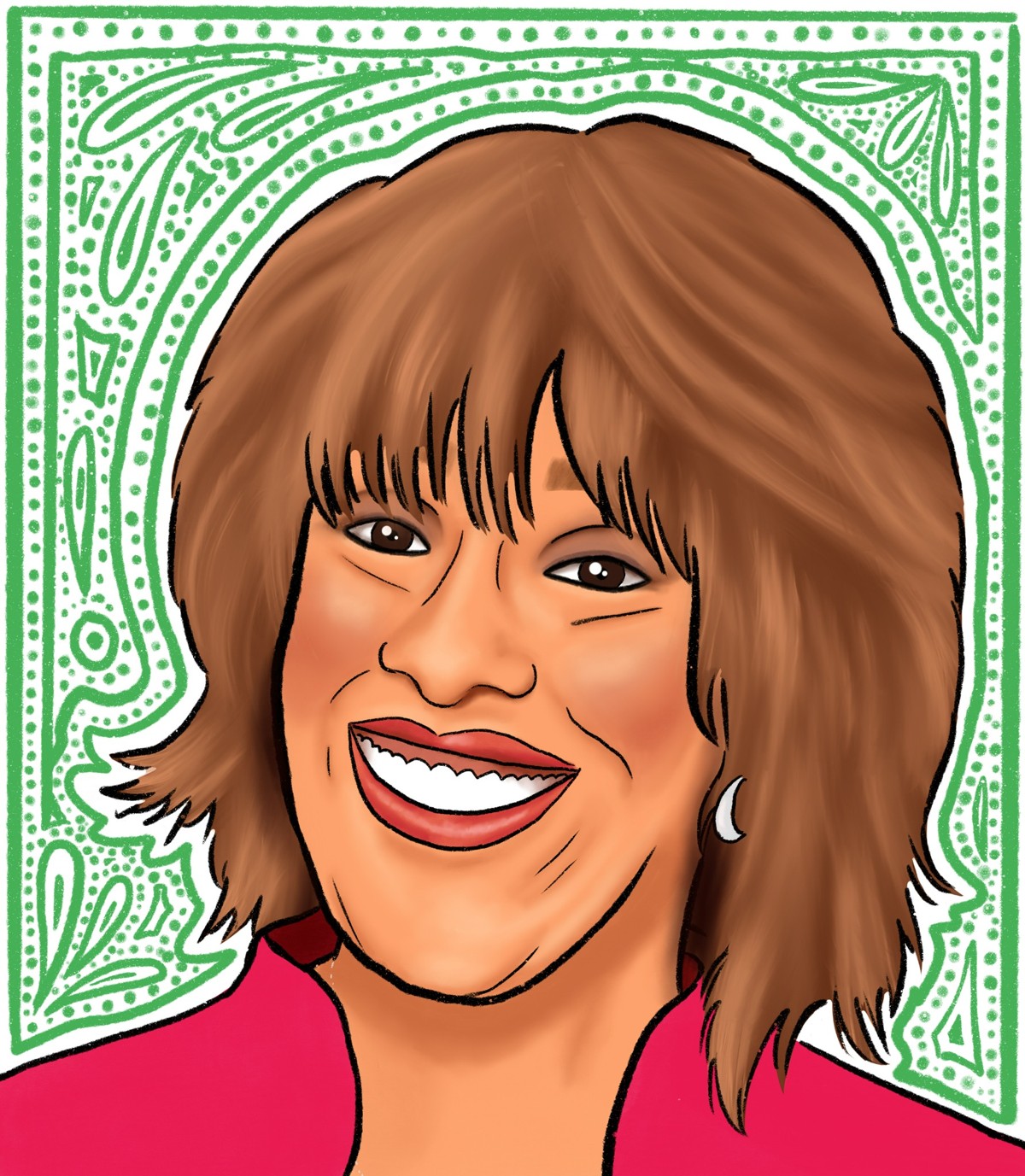 Illustrated portrait of Gail with a colorful patterned background