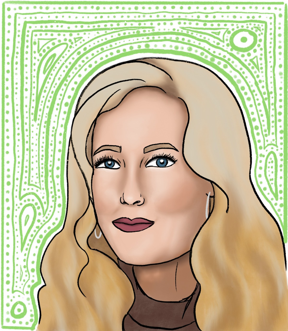 Illustrated portrait of Jennifer with a colorful patterned background