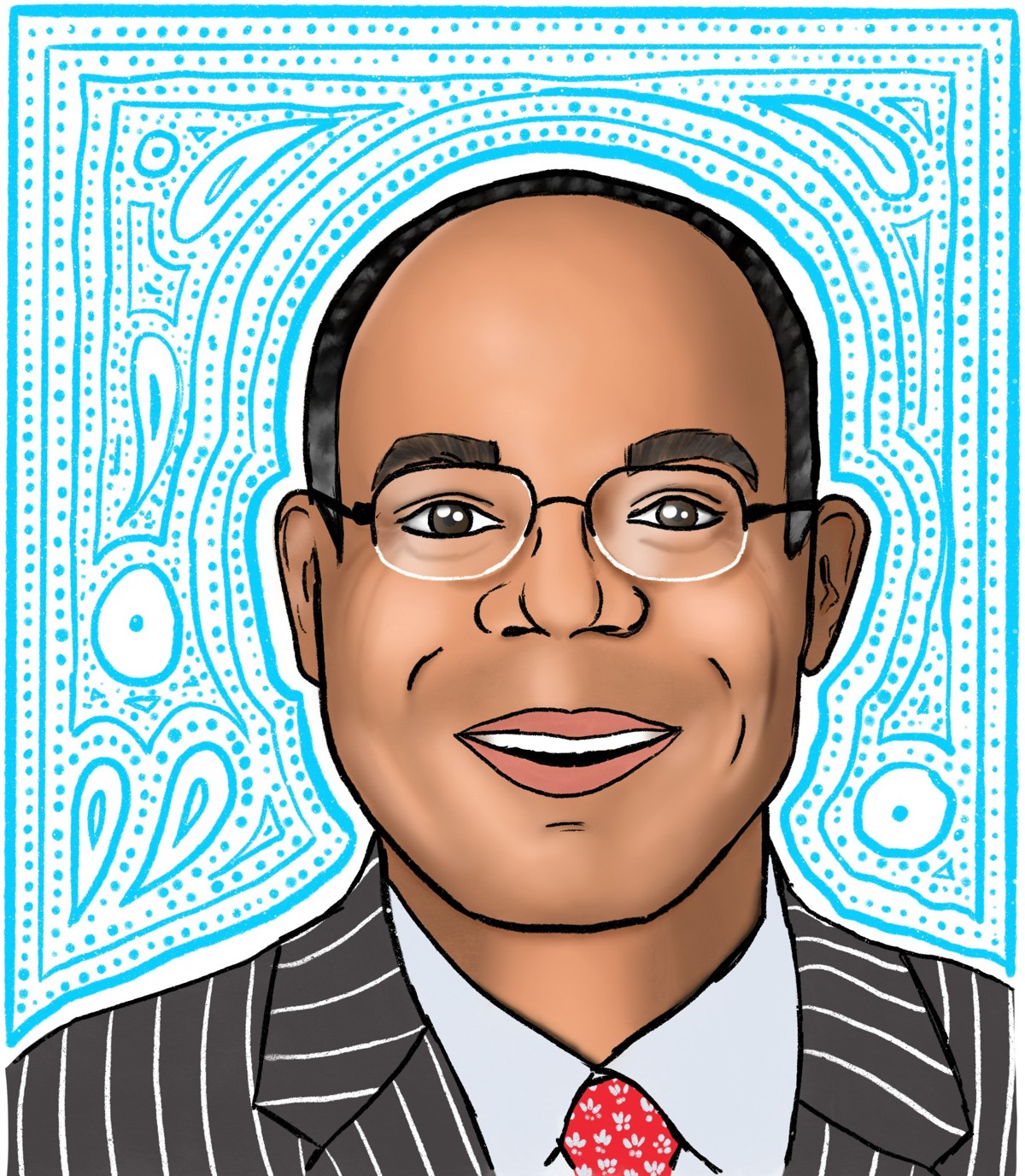 Illustrated portrait of John with a colorful patterned background