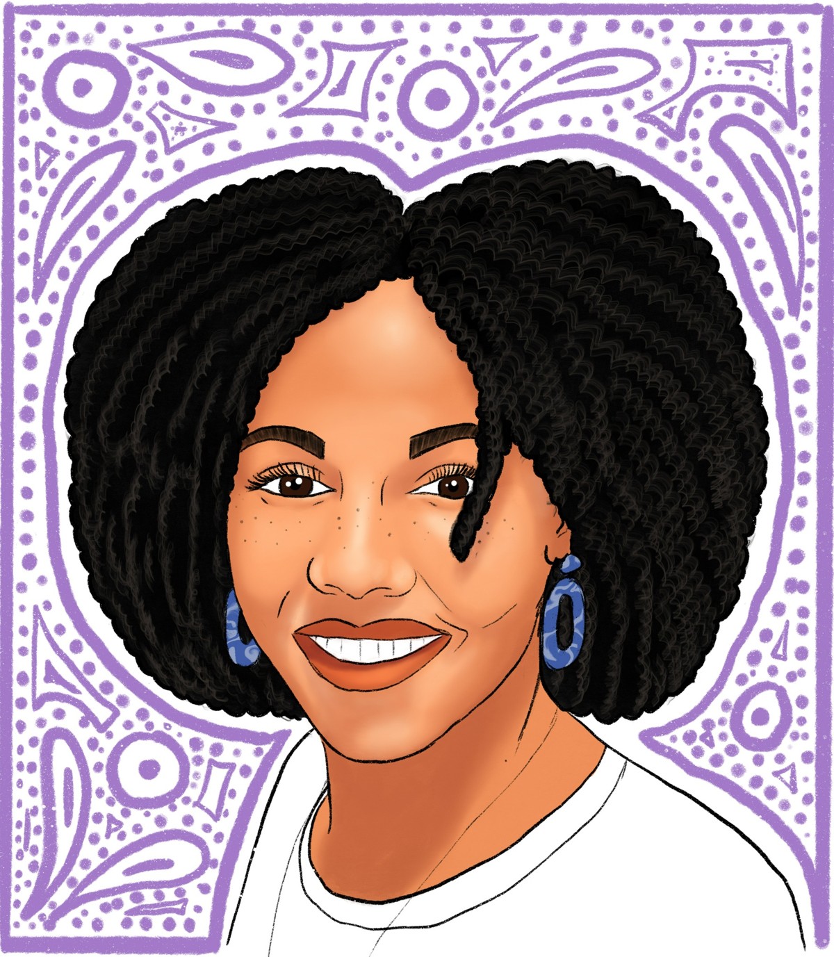 Illustrated portrait of Kevena with a colorful patterned background