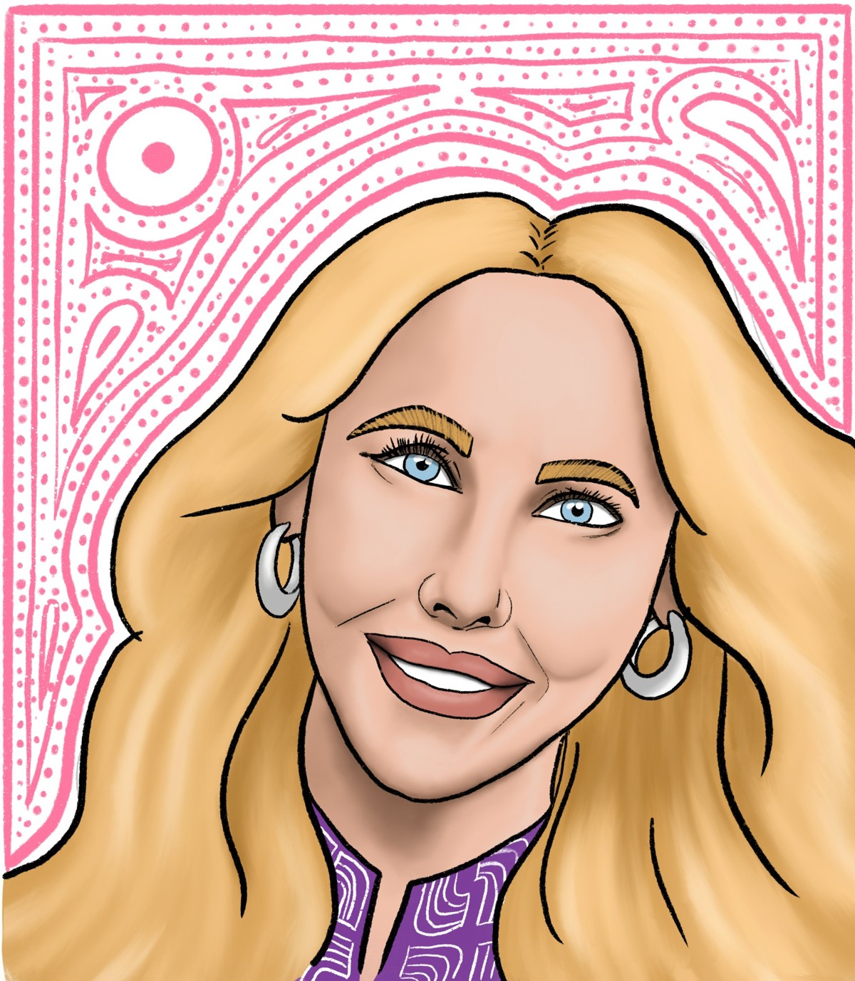 Illustrated portrait of Laurene with a colorful patterned background