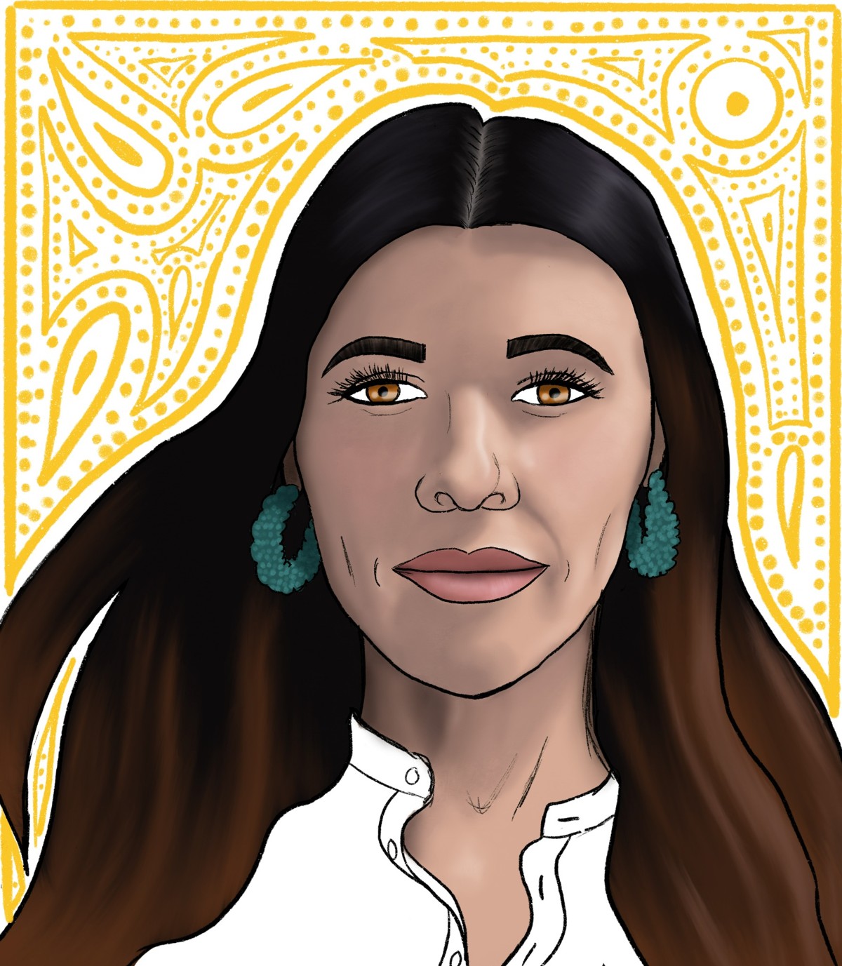 Illustrated portrait of Maria with a colorful patterned background