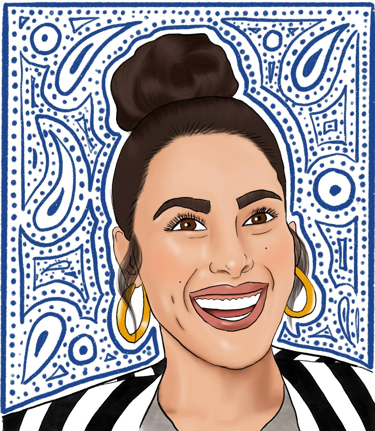 Illustrated portrait of Meena with a colorful patterned background