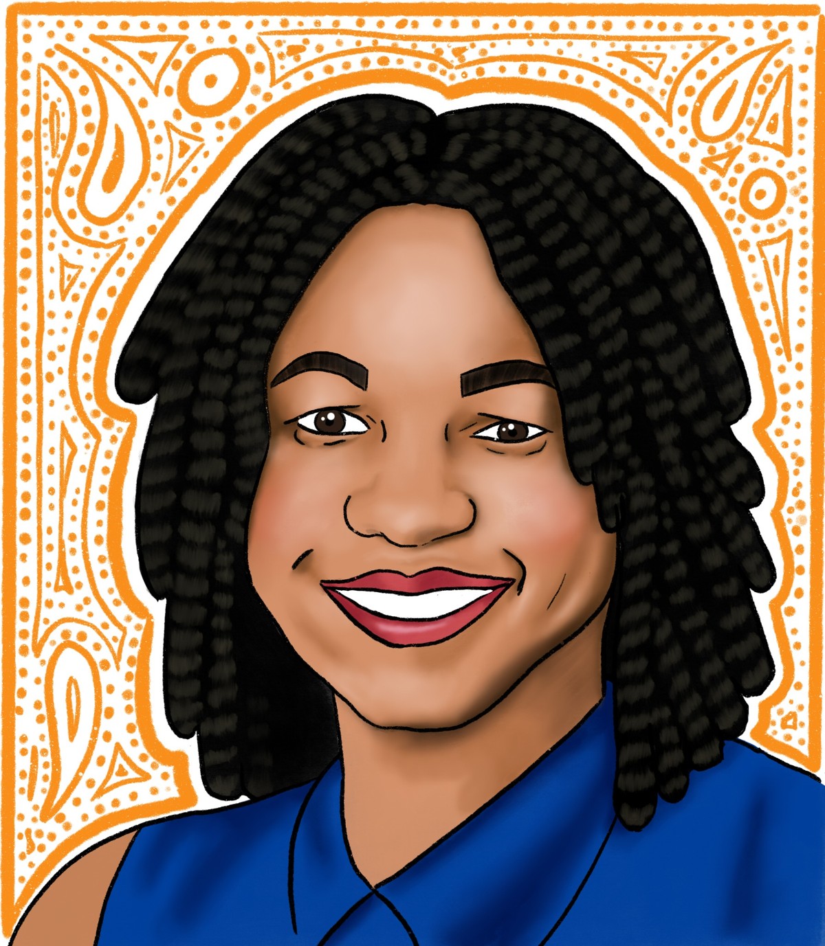 Illustrated portrait of Stacy with a colorful patterned background