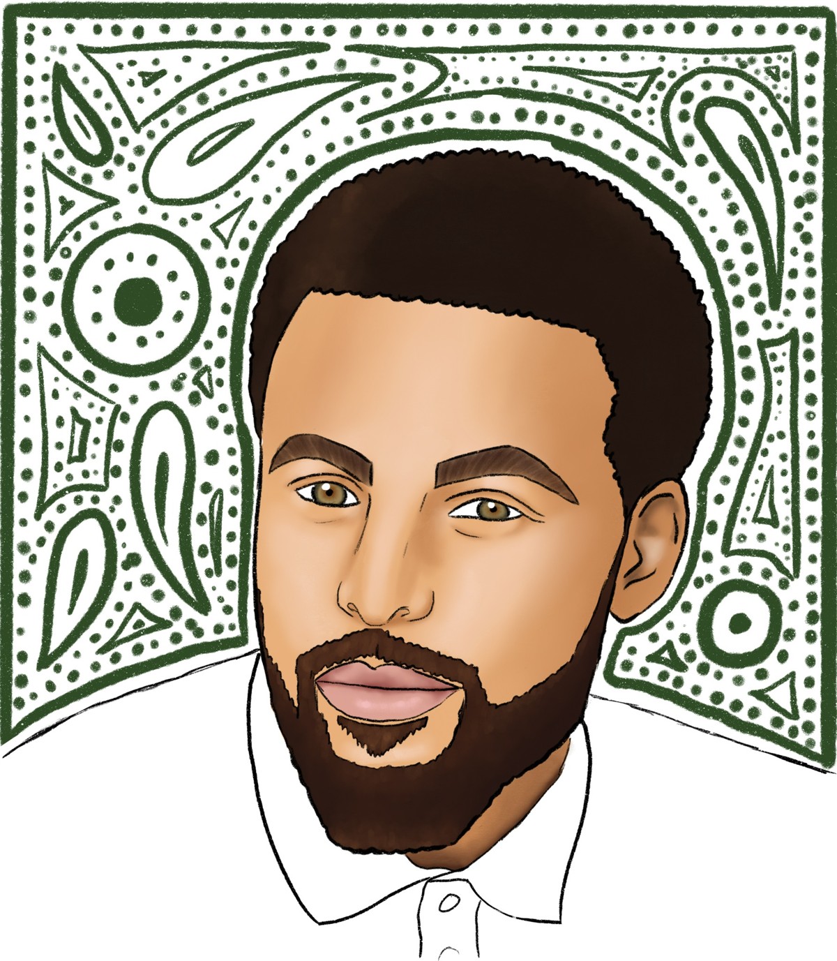 Illustrated portrait of Steph with a colorful patterned background